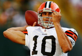 GREEN BAY, WI - AUGUST 15:  Quarterback Brady Quinn #10 of the Cleveland Browns throws the ball before taking on the Green Bay Packers during the preseason game at Lambeau Field on August 15, 2009 in Green Bay, Wisconsin. (Photo by Jonathan Daniel/Getty Images)