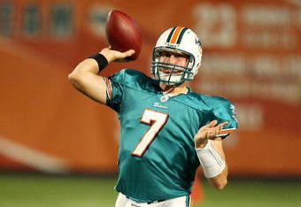 MIAMI - AUGUST 17:  Quarterback Chad Henne #7 of the Miami Dolphins throws a pass against the Jacksonville Jaguars during a preseason game at Landshark Stadium on August 17, 2009 in Miami, Florida.  (Photo by Doug Benc/Getty Images)