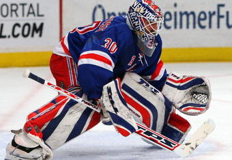 NEW YORK - APRIL 22:  Henrik Lundqvist #30 of the New York Rangers skates against the Washington Capitals during Game Four of the Eastern Conference Quarterfinal Round of the 2009 NHL Stanley Cup Playoffs on April 22, 2008 at Madison Square Garden in New York City. The Rangers defeated the Capitals 2-1 and lead the series 3 games to 1.  (Photo by Jim McIsaac/Getty Images)
