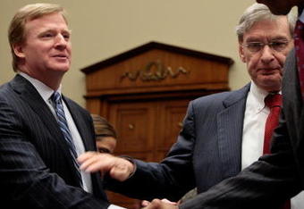 WASHINGTON - FEBRUARY 27:  National Football League Commissioner Roger Goodell (L) greets NFL Players Association Executive Director Gene Upshaw (R) as Major League Baseball Commissioner Bud Selig looks on before testifying to the U.S. House Subcommittee on Commerce, Trade and Consumer Protection about the use of illegal performance-enhancing drugs in professional sports on Captiol Hill February 27, 2008 in Washington, DC. The subcommittee also heard testimony from officials from the U.S. Olympic Committee, National Thoroughbred Racing and the U.S. Anti-Doping Agency.  (Photo by Chip Somodevilla/Getty Images)