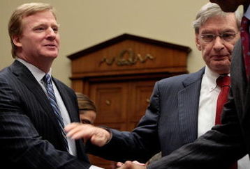 WASHINGTON - FEBRUARY 27:  National Football League Commissioner Roger Goodell (L) greets NFL Players Association Executive Director Gene Upshaw (R) as Major League Baseball Commissioner Bud Selig looks on before testifying to the U.S. House Subcommittee on Commerce, Trade and Consumer Protection about the use of illegal performance-enhancing drugs in professional sports on Captiol Hill February 27, 2008 in Washington, DC. The subcommittee also heard testimony from officials from the U.S. Olympic Committee, National Thoroughbred Racing and the U.S. Anti-Doping Agency.  (Photo by Chip Somodevilla/Getty Images)