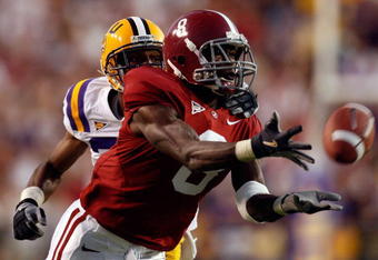 BATON ROUGE, LA - NOVEMBER 08:  Julio Jones #8 of the Alabama Crimson Tide has a pass broken up by Chris Hawkins #29 of the Louisiana State University Tigers on November 11, 2008 at Tiger Stadium in Baton Rouge, Louisiana. The Tide defeated the Tigers 27-21 in overtime.  (Photo by Chris Graythen/Getty Images)