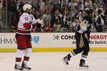 PITTSBURGH - MAY 18:  Eric Staal #12 of the Carolina Hurricanes puts the stick into the back of Brooks Orpik #44 of the Pittsburgh Penguins moments after Game One of the Eastern Conference Championship Round of the 2009 Stanley Cup Playoffs on May 18, 2009 at Mellon Arena in Pittsburgh, Pennsylvania.  (Photo by Bruce Bennett/Getty Images)
