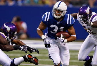 INDIANAPOLIS, IN - AUGUST 14: Running back Donald Brown #31 of the Indianapolis Colts runs with the football against the Minnesota Vikings at Lucas Oil Stadium on August 14, 2009 in Indianapolis, Indiana. (Photo by Scott Boehm/Getty Images)