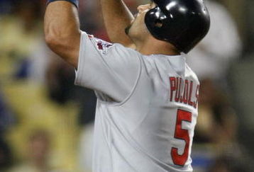 LOS ANGELES, CA - AUGUST 17:  Albert Pujols #5 of the St. Louis Cardinals celebrates after hitting a solo home run in the fourth inning against the Los Angeles Dodgers at Dodger Stadium on August 17, 2009 in Los Angeles, California.  (Photo by Jeff Gross/Getty Images)
