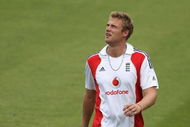 LONDON, ENGLAND - AUGUST 18: Andrew Flintoff of England looks on during nets at The Brit Oval on August 18, 2009 in London, England. (Photo by Hamish Blair/Getty Images)