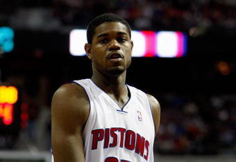 AUBURN HILLS, MI - OCTOBER 29:  Amir Johnson #25 of the Detroit Pistons walks across the court during the game against the Indiana Pacers  on October 29, 2008 at the Palace of Auburn Hills in Auburn Hills, Michigan.  The Pistons won 100-94.  NOTE TO USER: User expressly acknowledges and agrees that, by downloading and or using this photograph, User is consenting to the terms and conditions of the Getty Images License Agreement.  (Photo by Gregory Shamus/Getty Images)