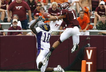 BLACKSBURG, VA - SEPTEMBER 01:  Cornerback Victor Harris #1 of the Virginia Tech Hokies breaks up a deep pass intended for Jamar Bryant #10 of the East Carolina Pirates during the second half of the Hokies 17-7 win on September 1, 2007 at Lane Stadium in Blacksburg, Virginia.  (Photo by Kevin C. Cox/Getty Images)
