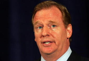 NEW YORK - JULY 27:  NFL Commissioner Roger Goodell answers questions from the media after reinstating Michael Vick on a conditional basis on July 27, 2009 at the InterContinental Hotel in New York City.  (Photo by Mike Stobe/Getty Images)