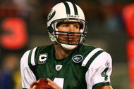 EAST RUTHERFORD, NJ - DECEMBER 28:  Brett Favre #4 of The New York Jets looks to pass against The Miami Dolphins during their game on December 28, 2008 at Giants Stadium in East Rutherford, New Jersey.  (Photo by Al Bello/Getty Images)