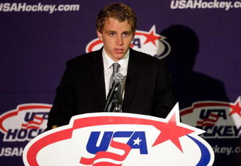 WOODRIDGE, IL - AUGUST 17:  Patrick Kane #88 of the Chicago Blackhawks addresses the media during a press conference surrounding his recent arrest following an altercation with a cab driver in Buffalo, on August 17, 2009 at the USA Hockey Men's Ice Hockey Olympic Orientation Camp in Woodridge, Illinois.  (Photo by Jamie Squire/Getty Images)