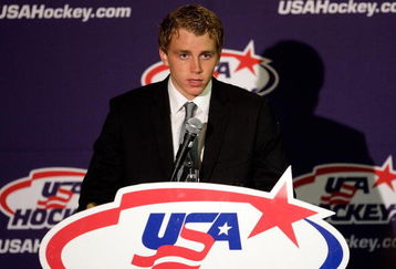WOODRIDGE, IL - AUGUST 17:  Patrick Kane #88 of the Chicago Blackhawks addresses the media during a press conference surrounding his recent arrest following an altercation with a cab driver in Buffalo, on August 17, 2009 at the USA Hockey Men's Ice Hockey Olympic Orientation Camp in Woodridge, Illinois.  (Photo by Jamie Squire/Getty Images)