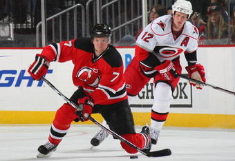 NEWARK, NJ - MARCH 28:  Paul Martin #7 of the New Jersey Devils skates against the Carolina Hurricanes on March 28, 2009 at the Prudential Center in Newark, New Jersey.  (Photo by Bruce Bennett/Getty Images)