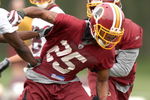 ASHBURN, VA - MAY 1:  Kevin Barnes #25, the Washington Redskins thrid round draft pick, runs through drills during minicamp on May 1, 2009 at Redskins Park in Ashurn, Virginia.   (Photo by Mitchell Layton/Getty Images)