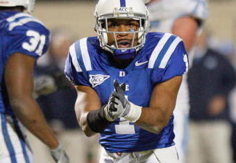 DURHAM, NC - NOVEMBER 29:  Jabari Marshall #1 of the Duke Blue Devils reacts on the field during the game against the North Carolina Tar Heels at Wallace Wade Stadium on November 29, 2008 in Durham, North Carolina. (Photo by Kevin C. Cox/Getty Images)