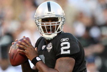 OAKLAND, CA - AUGUST 13: Quarterback JaMarcus Russell #2 of the Oakland Raiders passes the ball in the first quarter against the Dallas Cowboys during the preseason game at Oakland-Alameda County Coliseum on August 13, 2009 in Oakland, California. (Photo by Jed Jacobsohn/Getty Images)