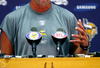EDEN PRAIRIE, MN - AUGUST 18: Brett Favre talks with the media after his first practice with the Minnesota Vikings on August 18, 2009 at Winter Park in Eden Prairie, Minnesota.  (Photo by Scott A. Schneider/Getty Images)