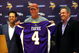 EDEN PRAIRIE, MN - AUGUST 18: Brett Favre (C), Mark Wilf (L) and Zygi Wilf show the media Favre's Minnesota Vikings jersey on August 18, 2009 at Winter Park in Eden Prairie, Minnesota. (Photo by Scott A. Schneider/Getty Images)