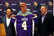 EDEN PRAIRIE, MN - AUGUST 18: Brett Favre (C), Mark Wilf (L) and Zygi Wilf show the media Favre's Minnesota Vikings jersey on August 18, 2009 at Winter Park in Eden Prairie, Minnesota. (Photo by Scott A. Schneider/Getty Images)