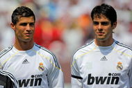 LANDOVER, MD - AUGUST 09:  Cristiano Ronaldo #9 (L) and Kaka #8 (R) of Real Madrid look on during introductions prior to facing D.C. United at Fed Ex Field on August 9, 2009 in Landover, Maryland. Real Madrid defeated D.C. United 3-0 in the friendly match.  (Photo by Doug Pensinger/Getty Images)