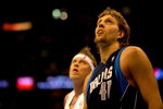 DENVER - MAY 05:  Dirk Nowitzki #41 of the Dallas Mavericks and Chris Andersen #11 of the Denver Nuggets await a free throw in Game Two of the Western Conference Semifinals during the 2009 NBA Playoffs at Pepsi Center on May 5, 2009 in Denver, Colorado. The Nuggets defeated the Mavericks 117-105. NOTE TO USER: User expressly acknowledges and agrees that, by downloading and or using this photograph, User is consenting to the terms and conditions of the Getty Images License Agreement.  (Photo by Doug Pensinger/Getty Images)