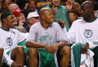 BOSTON - DECEMBER 07:   Paul Pierce #34, Ray Allen #20 and Kevin Garnett #5 of the Boston Celtics tries have fun on the bench in the fourth quarter against the Toronto Raptors on December 7, 2007 at the TD Banknorth Garden in Boston, Massachusetts. The Boston Celtics defeated the Toronot Raptors 112-84. NOTE TO USER: User expressly acknowledges and agrees that, by downloading and or using this Photograph, user is consenting to the terms and conditions of the Getty Images License Agreement.  (Photo by Elsa/Getty Images)