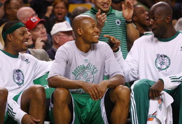 BOSTON - DECEMBER 07:   Paul Pierce #34, Ray Allen #20 and Kevin Garnett #5 of the Boston Celtics tries have fun on the bench in the fourth quarter against the Toronto Raptors on December 7, 2007 at the TD Banknorth Garden in Boston, Massachusetts. The Boston Celtics defeated the Toronot Raptors 112-84. NOTE TO USER: User expressly acknowledges and agrees that, by downloading and or using this Photograph, user is consenting to the terms and conditions of the Getty Images License Agreement.  (Photo by Elsa/Getty Images)