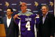 EDEN PRAIRIE, MN - AUGUST 18: Brett Favre (C), Mark Wilf (L) and Zygi Wilf show the media Favre's Minnesota Vikings jersey on August 18, 2009 at Winter Park in Eden Prairie, Minnesota. (Photo by Scott A. Schneider/Getty Images)