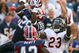 ORCHARD PARK, NY - AUGUST 15: Leodis McKelvin #28 of the Buffalo Bills intercepts a pass from Jay Cutler (not shown) intended for Devin Hester # 23 of the Chicago Bears on August 15, 2009 at Ralph Wilson Stadium in Orchard Park, New York. Bryan Scott #43 of the Bills looks on.  (Photo by Rick Stewart/Getty Images)
