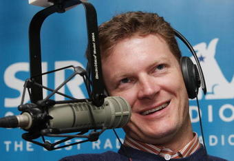 NEW YORK - SEPTEMBER 10:  Dale Earnhardt Jr #88 Energy Chevrolet is interviewed during the Sirius Satellite radio show 'The Morning Drive' during the NASCAR Chase Media Tour on September 10, 2008 in New York City.  (Photo by Mike Stobe/Getty Images for NASCAR)