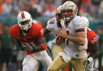 MIAMI - OCTOBER 04:  Quarterback Christian Ponder #7 of the Florida State Seminoles scrambles against the Miami Hurricanes at Dolphin Stadium on October 4, 2008 in Miami, Florida. Florida State defeated Miami 41-39.  (Photo by Doug Benc/Getty Images)