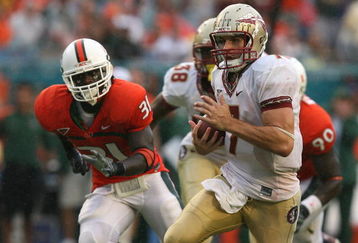 MIAMI - OCTOBER 04:  Quarterback Christian Ponder #7 of the Florida State Seminoles scrambles against the Miami Hurricanes at Dolphin Stadium on October 4, 2008 in Miami, Florida. Florida State defeated Miami 41-39.  (Photo by Doug Benc/Getty Images)