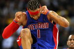 OAKLAND, CA - NOVEMBER 13: Allen Iverson #1 of the Detroit Pistons celebrates in the third quarter against the Golden State Warriors during an NBA game on November 13, 2008 at Oracle Arena in Oakland, California. NOTE TO USER: User expressly acknowledges and agrees that, by downloading and or using this photograph, User is consenting to the terms and conditions of the Getty Images License Agreement. (Photo by Jed Jacobsohn/Getty Images)