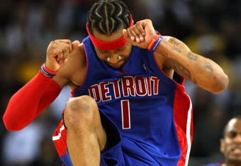 OAKLAND, CA - NOVEMBER 13: Allen Iverson #1 of the Detroit Pistons celebrates in the third quarter against the Golden State Warriors during an NBA game on November 13, 2008 at Oracle Arena in Oakland, California. NOTE TO USER: User expressly acknowledges and agrees that, by downloading and or using this photograph, User is consenting to the terms and conditions of the Getty Images License Agreement. (Photo by Jed Jacobsohn/Getty Images)
