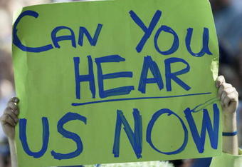 SEATTLE - SEPTEMBER 24:  A Seattle Seahawks fan displays a sign referring to noise during a game against the New York Giants at Qwest Field September 24, 2006 in Seattle, Washington. The Seahawks won, 42-30.  (Photo by Otto Greule Jr/Getty Images)