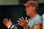 EDEN PRAIRIE, MN - AUGUST 18: Brett Favre talks with the media after his first practice with the Minnesota Vikings on August 18, 2009 at Winter Park in Eden Prairie, Minnesota.  (Photo by Scott A. Schneider/Getty Images)
