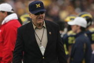 PASADENA, CA - JANUARY 1: Former Michigan coach Bo Schembechler walks the sidelines as the Texas Longhorns take on the Michigan Wolverines in the 91st Rose Bowl Game at the Rose Bowl on January 1, 2005 in Pasadena, California. Texas defeated Michigan 38-37. (Photo by Stephen Dunn/Getty Images)