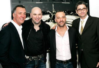 LONDON - JANUARY 17:  (UK TABLOID NEWSPAPERS OUT) (L-R) Brothers and co-owners of the Ultimate Fighting Championship Frank (L) and Lorenzo Fertitta (2nd R), UFC president Dana White (2nd L) and photographer Kevin Lynch attend the 'Octagon' private view at Hamilton's gallery on January 17, 2007 in London, England.  The exhibition showcases work by Lynch documenting the world of Ultimate Fighter Championship (UFC) events.  (Photo by Claire Greenway/Getty Images)