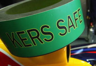 JEREZ DE LA FRONTERA, SPAIN - FEBRUARY 09:  The warning sign on the Red Bull Racing RB5 car of Sebastian Vettel signals that the KERS energy system is disabled and the car is safe to touch during the Red Bull 2009 F1 Launch of the new RB5 Formula One car at the Circuito de Jerez on February 9, 2009 in Jerez de la Frontera, Spain. (Photo by Mark Thompson/Getty Images)