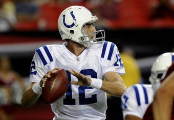 ATLANTA - AUGUST 16: Quarterback Jim Sorgi #12 of the Indianapolis Colts sets to pass against the Atlanta Falcons at the Georgia Dome on August 16, 2008 in Atlanta, Georgia.   (Photo by Al Messerschmidt/Getty Images) 