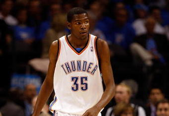 OKLAHOMA CITY - OCTOBER 29:  Kevin Durant #35 of the Oklahoma City Thunder walks up court during the game against the Milwaukee Bucks at the Ford Center on October 29, 2008 in Oklahoma City, Oklahoma. The Bucks won 98-87.  NOTE TO USER: User expressly acknowledges and agrees that, by downloading and/or using this Photograph, user is consenting to the terms and conditions of the Getty Images License Agreement.  (Photo by Chris Graythen/Getty Images)