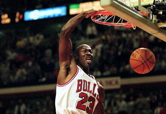 19 May 1998: Michael Jordan #23 of the Chicago Bulls dunks the ball during a Eastern Conference Finals game against the Indiana Pacers at the United Center in Chicago, Illinois. The Bulls defeated the Pacers 104- 98.