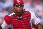 18 Jun 1998:  Ivan Rodriguez #7 of the Texas Rangers looks on during a game against the Oakland Athletics at The Ballpark in Arlington, Texas. The Rangers defeated the Athletics 3-2. Mandatory Credit: Stephen Dunn  /Allsport
