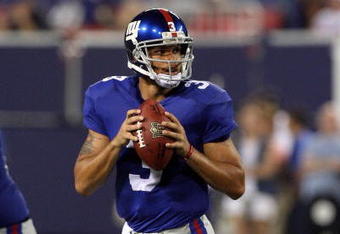 EAST RUTHERFORD, NJ - AUGUST 17:  Andre Woodson #3 of the New York Giants throws against the Carolina Panthers on August 17, 2009 at Giants Stadium in East Rutherford, New Jersey. The Giants defeated the Panthers 24-17.  (Photo by Jim McIsaac/Getty Images)