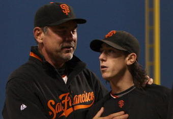 SAN FRANCISCO - AUGUST 01:  Tim Lincecum #55 of the San Francisco Giants celebrates with manager Bruce Bochy after defeating the Philadelphia Phillies during a Major League Baseball game at AT&T Park on August 1, 2009 in San Francisco, California.  (Photo by Jed Jacobsohn/Getty Images)