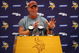 EDEN PRAIRIE, MN - AUGUST 18: Brett Favre talks with the media after his first practice with the Minnesota Vikings on August 18, 2009 at Winter Park in Eden Prairie, Minnesota.  (Photo by Scott A. Schneider/Getty Images)