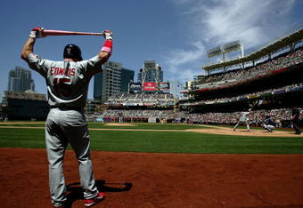 SAN DIEGO - MAY 13: Jim Edmonds #15 of the St. Louis Cardinals stretches in the on deck circle as teammate Albert Pujols #5 bats against the San Diego Padres during their MLB game on May 13, 2007 at Petco Park in San Diego, California.  (Photo by Donald Miralle/Getty Images)