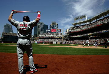 SAN DIEGO - MAY 13: Jim Edmonds #15 of the St. Louis Cardinals stretches in the on deck circle as teammate Albert Pujols #5 bats against the San Diego Padres during their MLB game on May 13, 2007 at Petco Park in San Diego, California.  (Photo by Donald Miralle/Getty Images)