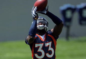 ENGLEWOOD, CO - JUNE 12:  Cornerback Alphonso Smith #33 of the Denver Broncos catches the ball as he participates in minicamp practice at the Broncos Dove Valley training facility on June 12, 2009 in Englewood, Colorado.  (Photo by Doug Pensinger/Getty Images)