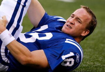 INDIANAPOLIS, IN - AUGUST 20: Quarterback Peyton Manning #18 of the Indianapolis Colts stretches in warm ups prior to the game against the Philadelphia Eagles at Lucas Oil Stadium on August 20, 2009 in Indianapolis, Indiana. (Photo by Scott Boehm/Getty Images)